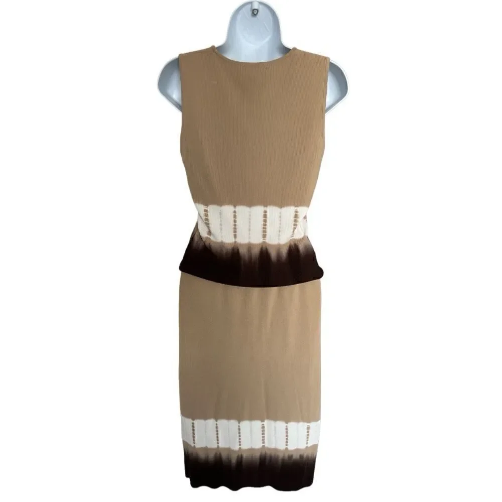 KENAR Two Pieces Set Tan Color With Brown Gradients Top Size M Skirt Size S.